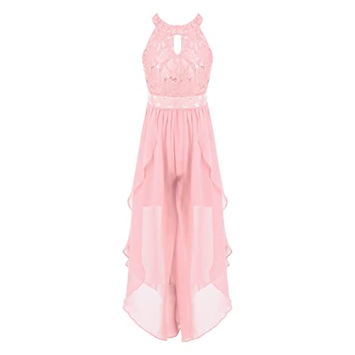 Agoky Mädchen Festlich Chiffon Jumpsuit Sommer Spitzen Hosenanzug Neckholder Overall Weite Hose Hosenrock Party Outfits Rosa 158-164 von Agoky