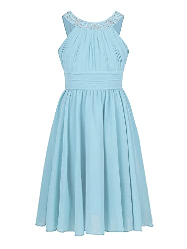 Agoky Mädchen Festlich Chiffon Kleider Kinder Sommer Hochzeits gefaltete Partykleider Knielang Cocktail Festzug Abschlussball gr. 104 116 128 140 152 164 Himmelblau 140 von Agoky