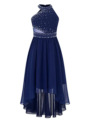 Agoky Mädchen Festlich Pailletten Kleider Sommer Chiffon Partykleider mit Plissee Unregelmäßig Faltenrock Hochzeits Erstkommunion Outfits Navy blau 158-164 von Agoky