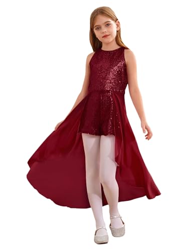 Agoky Mädchen Festliche Kleider EIN-Schulter Pailletten Spitzen Jumpsuit Overall mit Vorder Schlitz Chiffon Rock Burgundy A 146-152 von Agoky