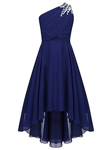 Agoky Mädchen Festliche Kleider Maxi Lang Plissee Partykleid EIN-Schulter Abendkleider Cocktailkleider Navy Blau A 134-140 von Agoky