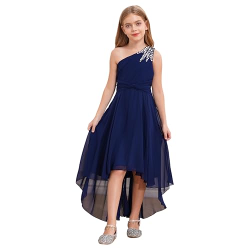 Agoky Mädchen Festliche Kleider mit Faltenrock Unregelmäßig Lang Partykleid EIN-Schulter Abendkleider Cocktailkleider Hochzeit Geburtstag Outfits Navy Blau A 146-152 von Agoky
