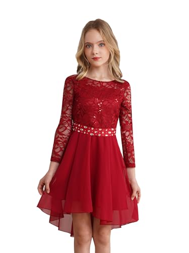 Agoky Mädchen Festliche Spitzen Kleider Langarm Prinzessin Partykleid Unregelmäßig Abendkleid Cocktailkleider Hochzeit Festzug Outfits Burgundy B 146-152 von Agoky