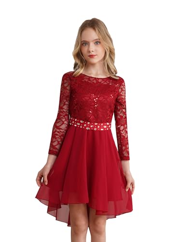 Agoky Mädchen Festliche Spitzen Kleider Langarm Prinzessin Partykleid Unregelmäßig Abendkleid Cocktailkleider Hochzeit Festzug Outfits Burgundy B 158-164 von Agoky