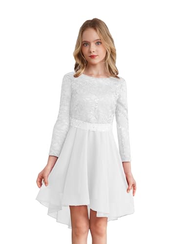 Agoky Mädchen Festliche Spitzen Kleider Langarm Prinzessin Partykleid Unregelmäßig Abendkleid Cocktailkleider Hochzeit Festzug Outfits Elfenbein B 134-140 von Agoky