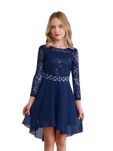 Agoky Mädchen Festliche Spitzen Kleider Langarm Prinzessin Partykleid Unregelmäßig Abendkleid Cocktailkleider Hochzeit Festzug Outfits Navy blau B 110-116 von Agoky