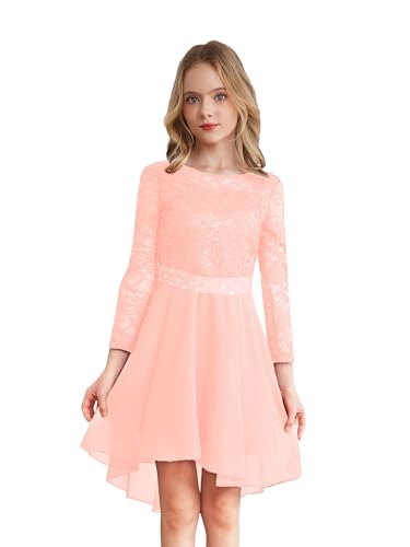 Agoky Mädchen Festliche Spitzen Kleider Langarm Prinzessin Partykleid Unregelmäßig Abendkleid Cocktailkleider Hochzeit Festzug Outfits Rosa B 110-116 von Agoky