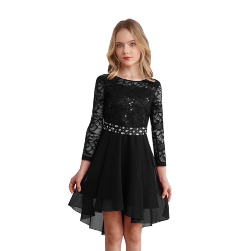 Agoky Mädchen Festliche Spitzen Kleider Langarm Prinzessin Partykleid Unregelmäßig Abendkleid Cocktailkleider Hochzeit Festzug Outfits Schwarz B 134-140 von Agoky