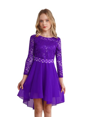 Agoky Mädchen Festliche Spitzen Kleider Langarm Prinzessin Partykleid Unregelmäßig Abendkleid Cocktailkleider Hochzeit Festzug Outfits Violett B 146-152 von Agoky