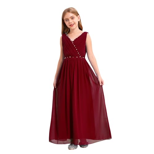 Agoky Mädchen Festliches Kleid Ärmelloses V-Ausschnitt A-Linie Prinzessinkleid Partykleid Maxikleid Mit Glitzernden Strass Gürtel 98-176 Burgund H 146-152 von Agoky