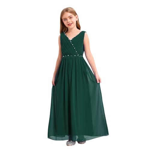 Agoky Mädchen Festliches Kleid Ärmelloses V-Ausschnitt A-Linie Prinzessinkleid Partykleid Maxikleid Mit Glitzernden Strass Gürtel 98-176 Dunkel Grün H 146-152 von Agoky
