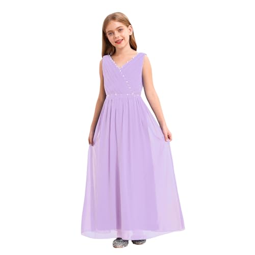 Agoky Mädchen Festliches Kleid Ärmelloses V-Ausschnitt A-Linie Prinzessinkleid Partykleid Maxikleid Mit Glitzernden Strass Gürtel 98-176 Lavender H 146-152 von Agoky