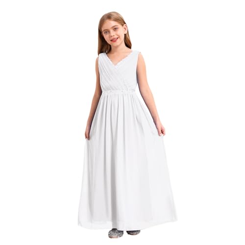 Agoky Mädchen Festliches Kleid Ärmelloses V-Ausschnitt A-Linie Prinzessinkleid Partykleid Maxikleid Mit Glitzernden Strass Gürtel 98-176 Weiß H 146-152 von Agoky