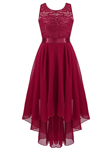 Agoky Mädchen Festliches Kleid für Hochzeit Sommer Unregelmäßig Partykleid Spitzenkleid mit Plisseerock Kommunionskleid Burgundy 110-116 von Agoky