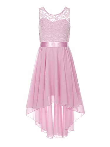 Agoky Mädchen Festliches Kleid für Hochzeit Sommer Unregelmäßig Partykleid Spitzenkleid mit Plisseerock Kommunionskleid Dusty Pink 152-164 von Agoky