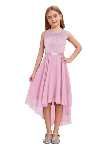 Agoky Mädchen Festliches Kleid für Hochzeit Sommer Unregelmäßig Partykleid Spitzenkleid mit Plisseerock Kommunionskleid Dusty Pink 164-176 von Agoky