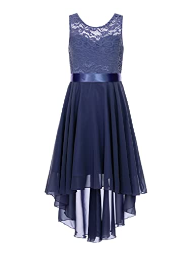 Agoky Mädchen Festliches Kleid für Hochzeit Sommer Unregelmäßig Partykleid Spitzenkleid mit Plisseerock Kommunionskleid Navy Blau 128-140 von Agoky