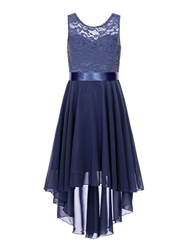 Agoky Mädchen Festliches Kleid für Hochzeit Sommer Unregelmäßig Partykleid Spitzenkleid mit Plisseerock Kommunionskleid Navy Blau 152-164 von Agoky