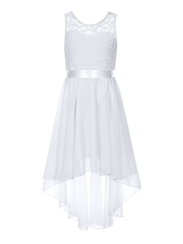 Agoky Mädchen Festliches Kleid für Hochzeit Sommer Unregelmäßig Partykleid Spitzenkleid mit Plisseerock Kommunionskleid Weiß 122-128 von Agoky