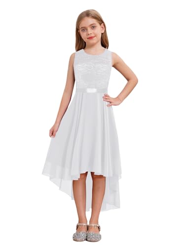 Agoky Mädchen Festliches Kleid für Hochzeit Sommer Unregelmäßig Partykleid Spitzenkleid mit Plisseerock Kommunionskleid Weiß 152-164 von Agoky