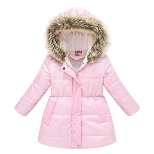 Agoky Mädchen Glänzend Daunenmantel Lange Daunenjacke mit Reisverschluss Hooded Parka Tailliert Jacke Mantel Jacket Rosa 146-152 von Agoky