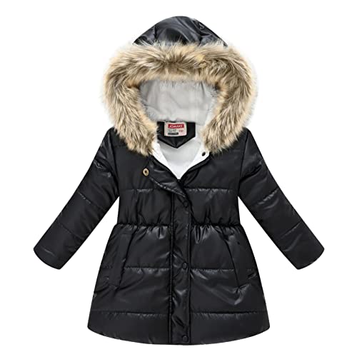 Agoky Mädchen Glänzend Daunenmantel Lange Daunenjacke mit Reisverschluss Hooded Parka Tailliert Jacke Mantel Jacket Schwarz 134-140 von Agoky