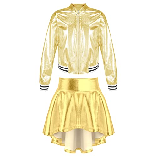 Agoky Mädchen Glänzend Jacke Zipper Mantel und Metallischer Faltenrock Mini Skater Rock Disco Hippie Outfits Gold 158-164 von Agoky