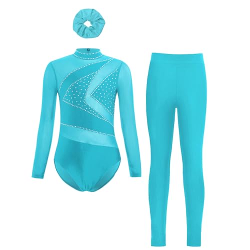 Agoky Mädchen Glitzer Ballettanzug Langarm Ballett Trikot mit Stehkragen Tanz-Body mit Lange Hose Haargummi Ballettkleidung Gymnastik Turnanzug Blau Grün 134-140 von Agoky