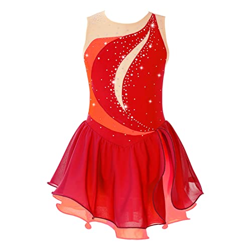 Agoky Mädchen Glitzer Eiskunstlauf Kleid mit Strasssteine Ärmellos Rollschuhkleid Mesh Spleiß Tanzkleider mit Flamme Tutu Rock Show Wettbewerb Tanzbekleidung Rot 134-140 von Agoky
