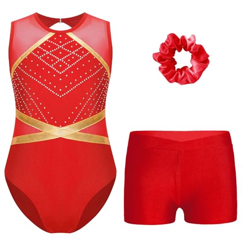 Agoky Mädchen Gymnastikanzug Ärmellos Turnanzug Mesh Spleiß Tanzbody Glitzer Strasssteine Leotard mit Sport Shorts Haargummi Ballett Tanz Outfits Rot 146-152 von Agoky
