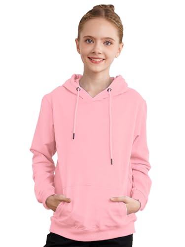 Agoky Mädchen Hooded Sweatshirt Basic Einfarbig Hoodie mit Drawstring Sport Fitness T-Shirt Herbst Winter Pullover Pulli Sweater Rosa 146-152 von Agoky