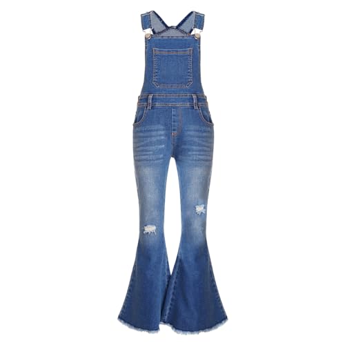 Agoky Mädchen Jeans mit Schlag Hosenträger Zerrissene Latzhose Latzjeans mit Löcher Stretch Overall Jumpsuit Einteiler Outfits Blau 170 von Agoky