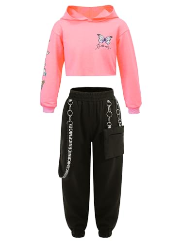 Agoky Mädchen Jogginganzug Sportanzug Schmetterling Aufdruck Sweatshirt mit Kapuze + Cargo Hose Loose Fit Baggy Pants Zweiteiler Sport Set Rosa Cargohose 158-164 von Agoky