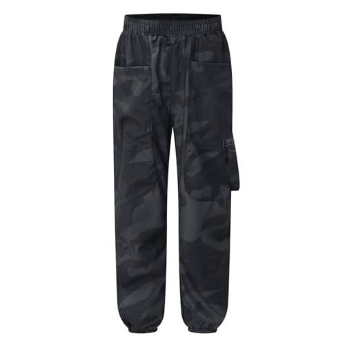 Agoky Mädchen Jungen Cargohose Jogginghose Tarnhose mit Taschen Casual Regular Fit Laufhose Elastischer Bund Sporthose Military Freizeithose Sweatpants Schwarz 170 von Agoky