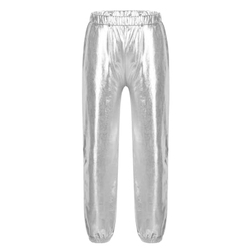Agoky Mädchen Jungen Lange Hose Lackleder Optik High Waist Sporthose Jogger Pants mit Glanz Tanzhose Party Bühne Auftritte Wettbewerb Outfits Silber 140-152 von Agoky
