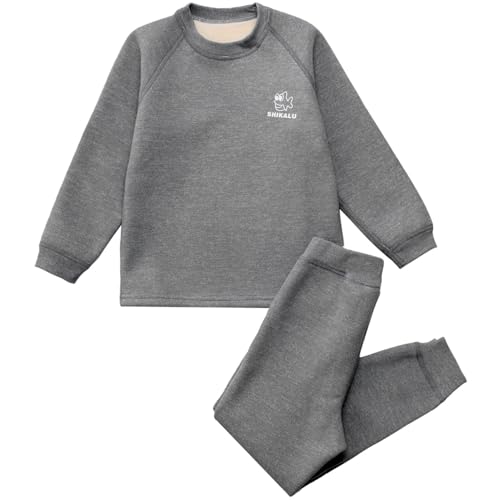 Agoky Mädchen Jungen Thermo Unterwäsche Set Langarm Shirt und Lange Unterhose Outdoor Training Anzug Zweiteiler Sport Outfits Grau 146-152 von Agoky