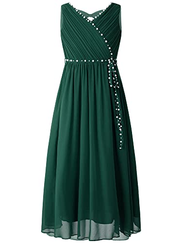 Agoky Mädchen Kleid Ärmelloses V-Ausschnitt A-Linie Prinzessinkleid Festlich Partykleid Maxikleid Mit Glitzernden Strass Gürtel 110-164 Dunkel Grün H 134-140 von Agoky