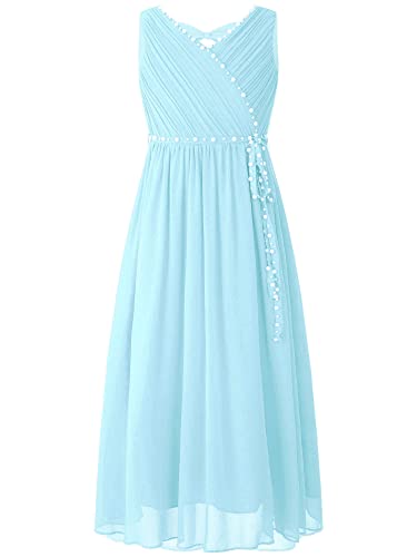 Agoky Mädchen Kleid Ärmelloses V-Ausschnitt A-Linie Prinzessinkleid Festlich Partykleid Maxikleid Mit Glitzernden Strass Gürtel 110-164 Hellblau H 170-176 von Agoky