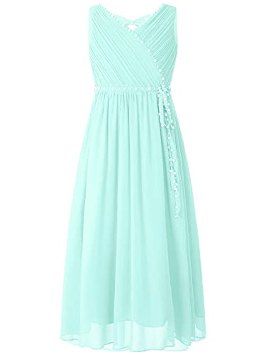 Agoky Mädchen Kleid Ärmelloses V-Ausschnitt A-Linie Prinzessinkleid Festlich Partykleid Maxikleid Mit Glitzernden Strass Gürtel 110-164 Mint H 146-152 von Agoky