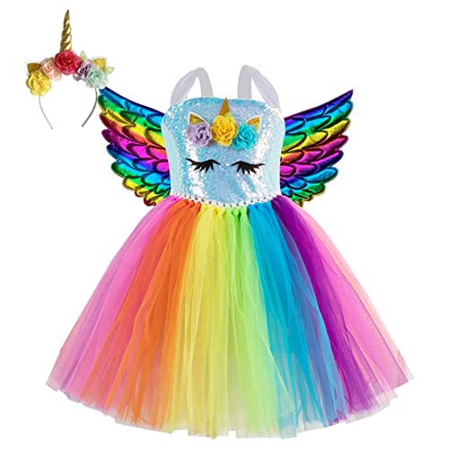 Agoky Mädchen Kleid Einhörner Haarreif Bunter Tutu Tütü Rock Cosplay Party Festzug Prinzessin Verkleidung Weinachten Halloween Outfits Blau & Bunt Z 104-110 von Agoky