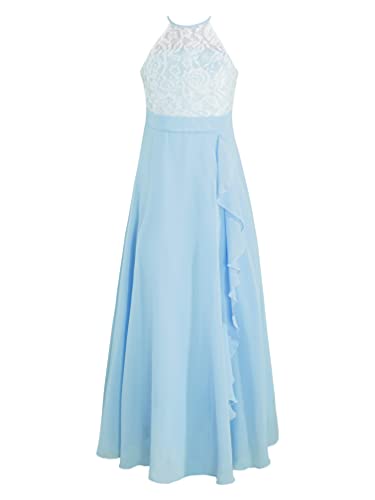 Agoky Mädchen Kleider Festlich Prinzessin Hochzeit Partykleider Lang Ärmellos Neckholder Chiffon Brautjungfer Cocktailkleid Elegant Festkleid Gr. 110-164 Himmelblau C 158-164 von Agoky