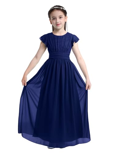 Agoky Mädchen Kleider festlich Kinder Blumenmädchenkleid lang Hochzeit Chiffon Partykleid Abschlussballkleid gr.104 116 128 140 152 164 Marineblau 116 von Agoky