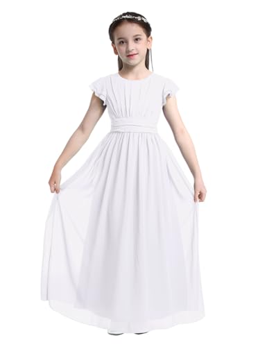 Agoky Mädchen Kleider festlich Kinder Blumenmädchenkleid lang Hochzeit Chiffon Partykleid Abschlussballkleid gr.104 116 128 140 152 164 Weiß 116 von Agoky