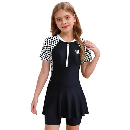 Agoky Mädchen Kurzarm Badeanzug mit Bein + Elastische Taille Rock Sommer Zweiteilige Bademode UV Schutz Schwimmanzug Strandmode Schwarz 152-158 von Agoky