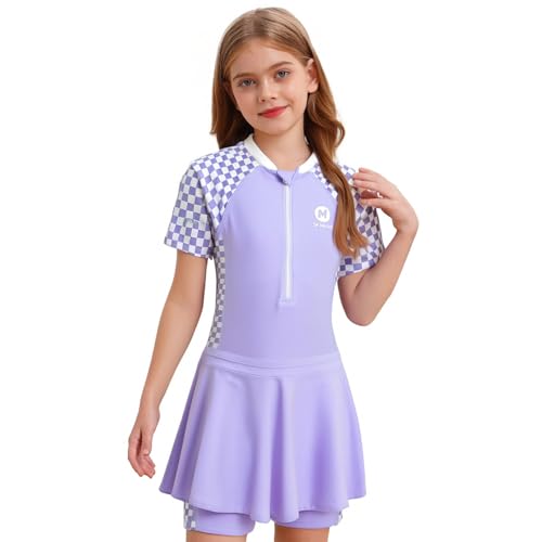 Agoky Mädchen Kurzarm Badeanzug mit Bein + Elastische Taille Rock Sommer Zweiteilige Bademode UV Schutz Schwimmanzug Strandmode Violett 152-158 von Agoky