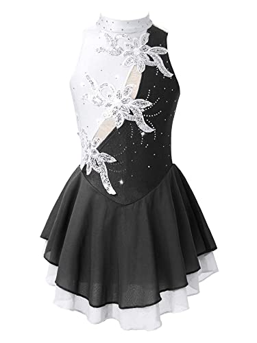 Agoky Mädchen Langarm Ballettkleid Spitzen Ballettanzug Ballett Trikot Rollkragen Body Eislaufen Kostüm Tanz Gymnastik Bekleidung Schwarz Weiß F 134-140 von Agoky