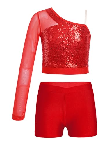 Agoky Mädchen Langarm Crop Top Pailletten Shirt Strech Shorts Metallic kurze Hose Sport Zweiteilig Gymnastikanzug Turnanzug Tanz Trikot Leotard gr. 110-164 Rot C 134-140 von Agoky