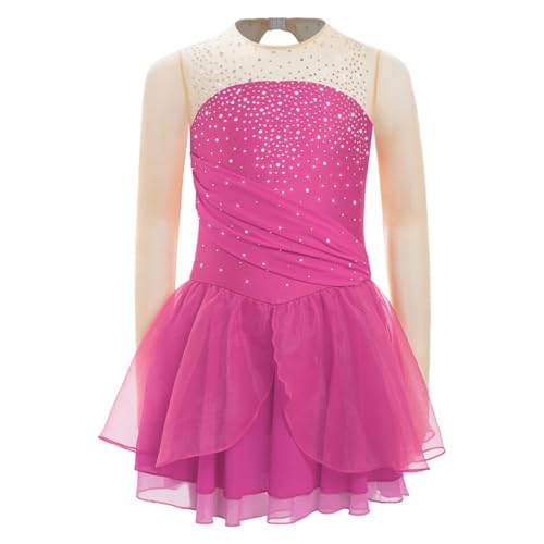 Agoky Mädchen Langarm Eiskunstlauf Kleid Glitzer Tanzkleid Mesh Spleiß Leotard mit Tutu Rock und Slip Dancewear Hot Pink 146-152 von Agoky