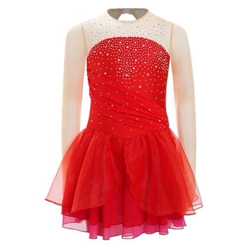 Agoky Mädchen Langarm Eiskunstlauf Kleid Glitzer Tanzkleid Mesh Spleiß Leotard mit Tutu Rock und Slip Dancewear Rot 146-152 von Agoky