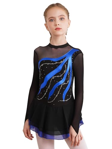 Agoky Mädchen Langarm Eiskunstlauf Kleid Rollschuhkleid Ballettkleid Tanzkleid Ballett Trikot Ballettanzug mit Tutu Rock Royal Blau B 158-164 von Agoky